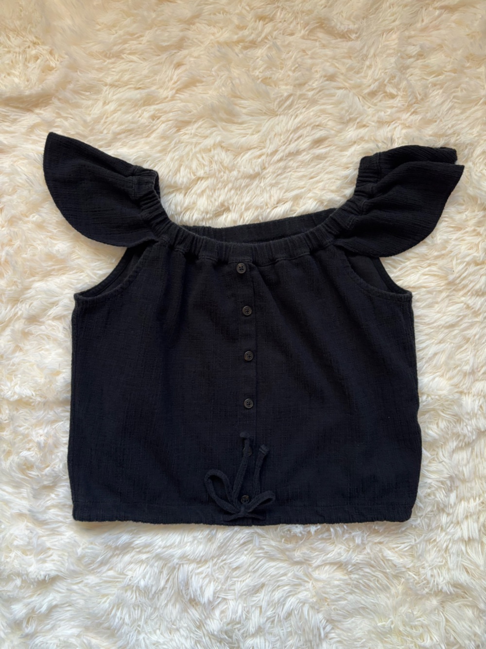 Madewell Black Crop Top Size M Ruffle Sleeve Button Detail